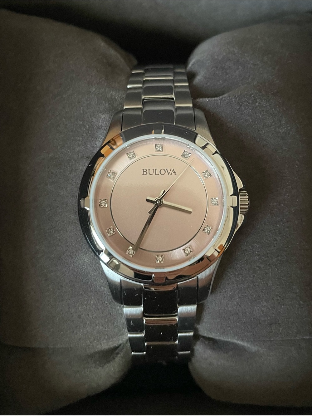 Bulova Silver Bracelet Watch with Pink Dial and Crystal Markers